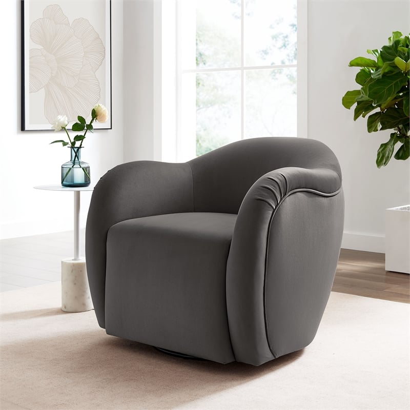 Maklaine Contemporary Performance Velvet Swivel Armchair in Storm Gray