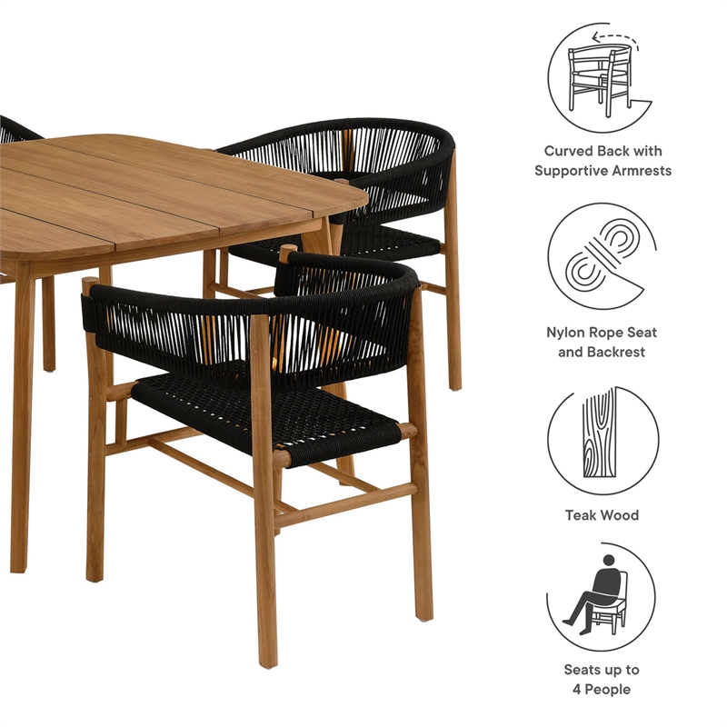 Maklaine 5-Piece Dining Set with Curved-Back Armchairs in Natural Black