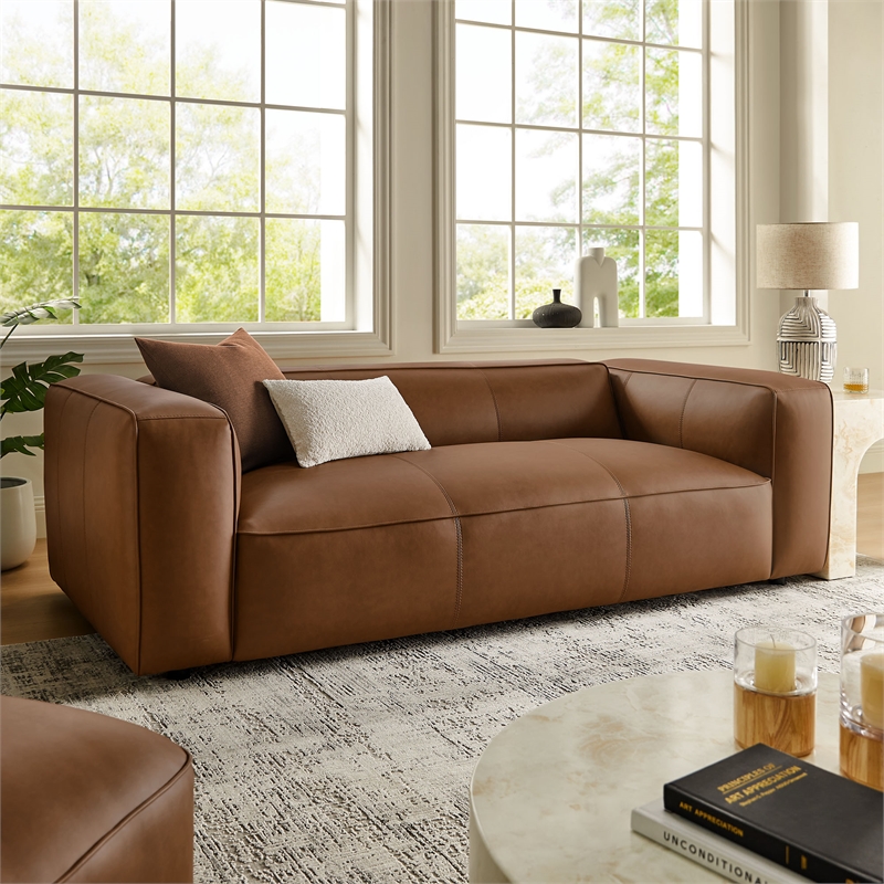 Maklaine Contemporary Vegan Leather Upholstered Sofa in Coffee