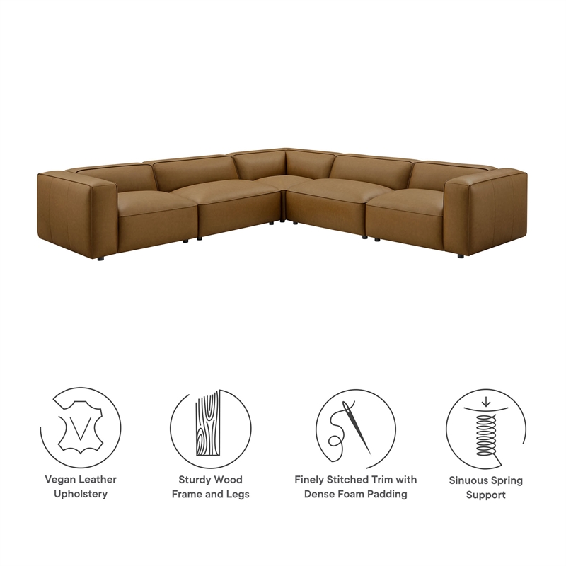 Maklaine 5-Piece Vegan Leather Upholstered L-Shaped Sofa in Camel