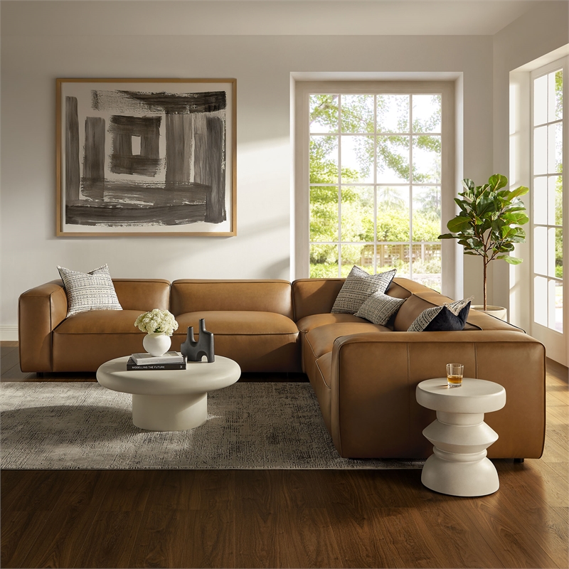 Maklaine 5-Piece Vegan Leather Upholstered L-Shaped Sofa in Camel