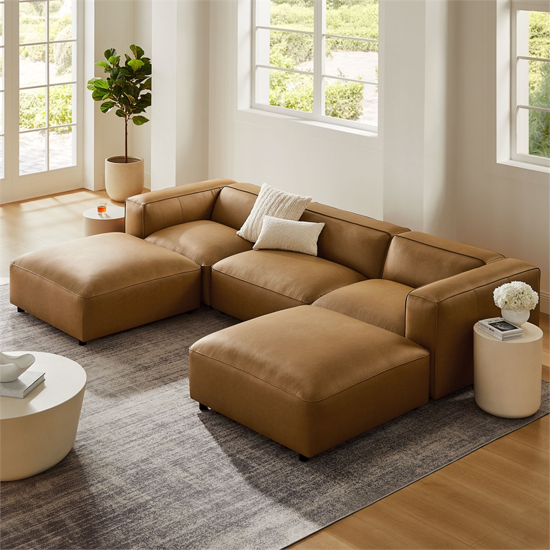 Maklaine 5-Piece Vegan Leather Upholstered U-Shaped Sofa in Camel