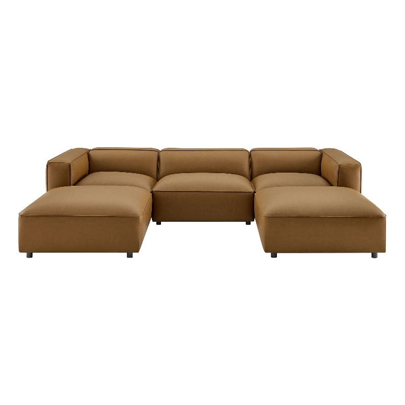 Maklaine 5-Piece Vegan Leather Upholstered U-Shaped Sofa in Camel