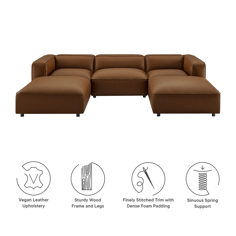 Maklaine Contemporary Vegan Leather Upholstered 5-Piece U-Shaped Sofa in Coffee