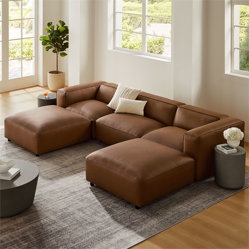 Maklaine Contemporary Vegan Leather Upholstered 5-Piece U-Shaped Sofa in Coffee