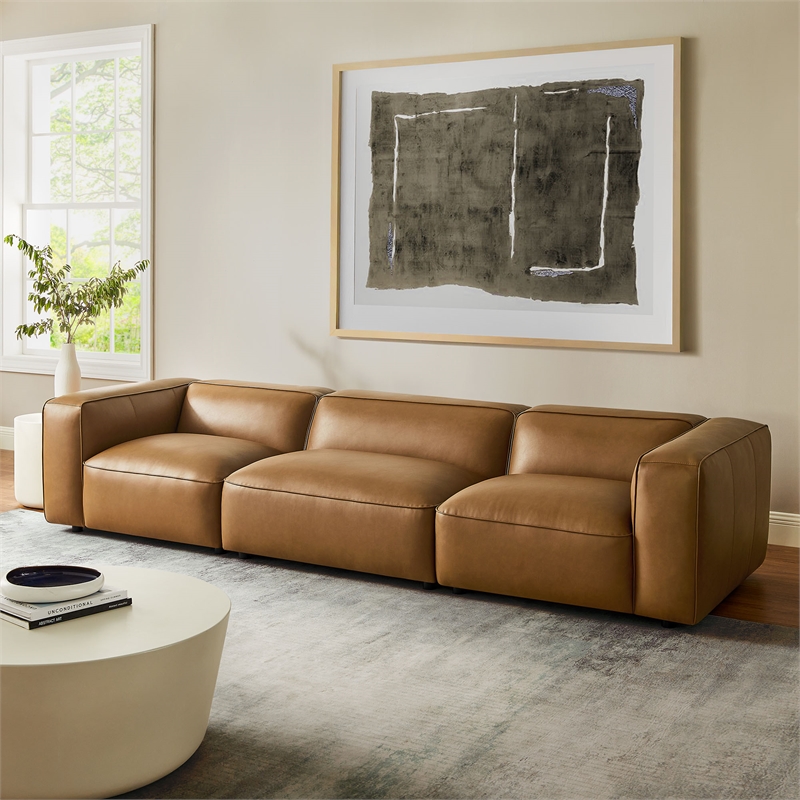 Maklaine Contemporary 3-Piece Vegan Leather Upholstered Sofa in Camel
