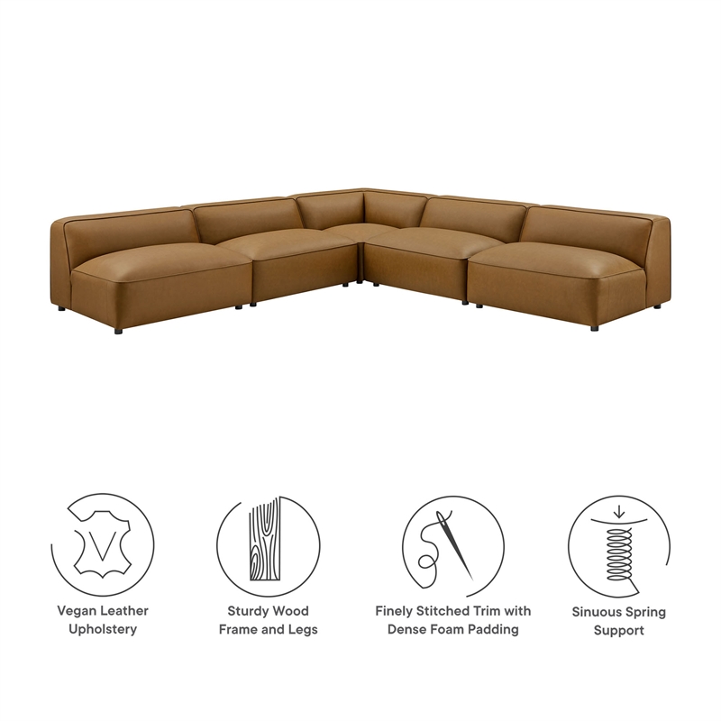 Maklaine Contemporary Vegan Leather Upholstered 5-Piece Sofa in Camel