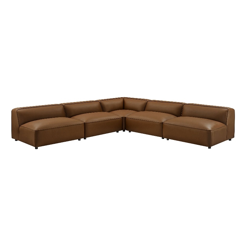 Maklaine Contemporary Vegan Leather Upholstered 5-Piece Sofa in Coffee