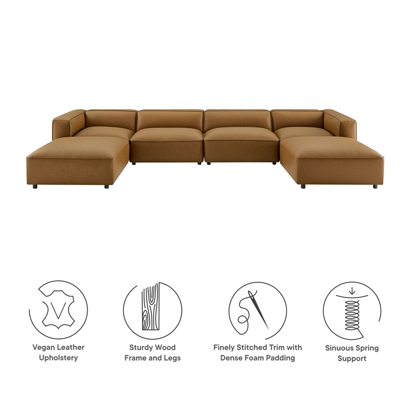 Maklaine Contemporary 6-Piece Vegan Leather Upholstered Sofa in Camel