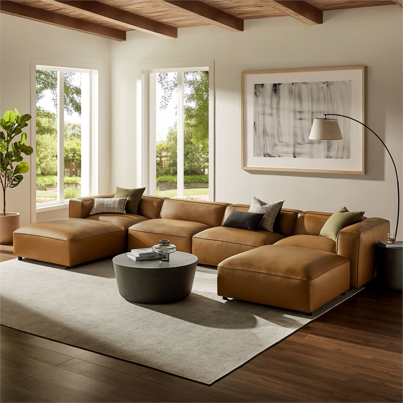 Maklaine Contemporary 6-Piece Vegan Leather Upholstered Sofa in Camel