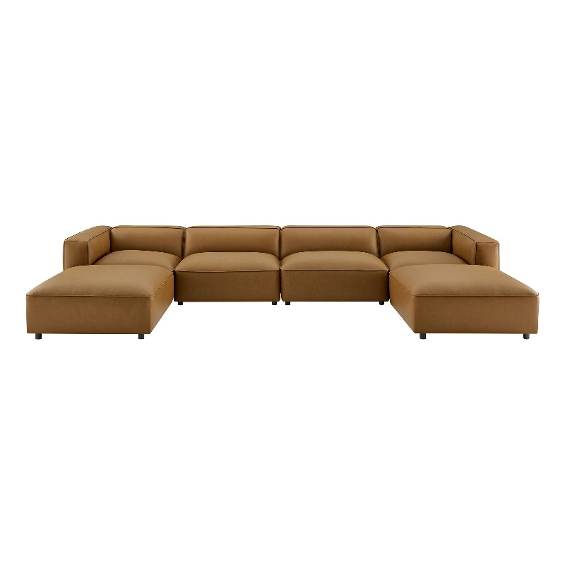 Maklaine Contemporary 6-Piece Vegan Leather Upholstered Sofa in Camel