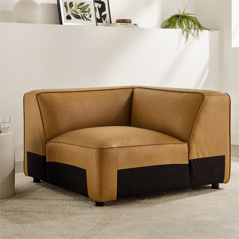 Maklaine Contemporary Vegan Leather Upholstered Corner Chair in Camel