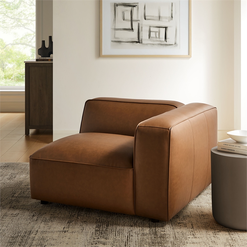 Maklaine Contemporary Vegan Leather Upholstered Right Armchair in Coffee