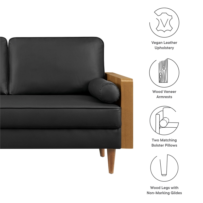 Maklaine Contemporary Vegan Leather Upholstered Loveseat in Walnut Black