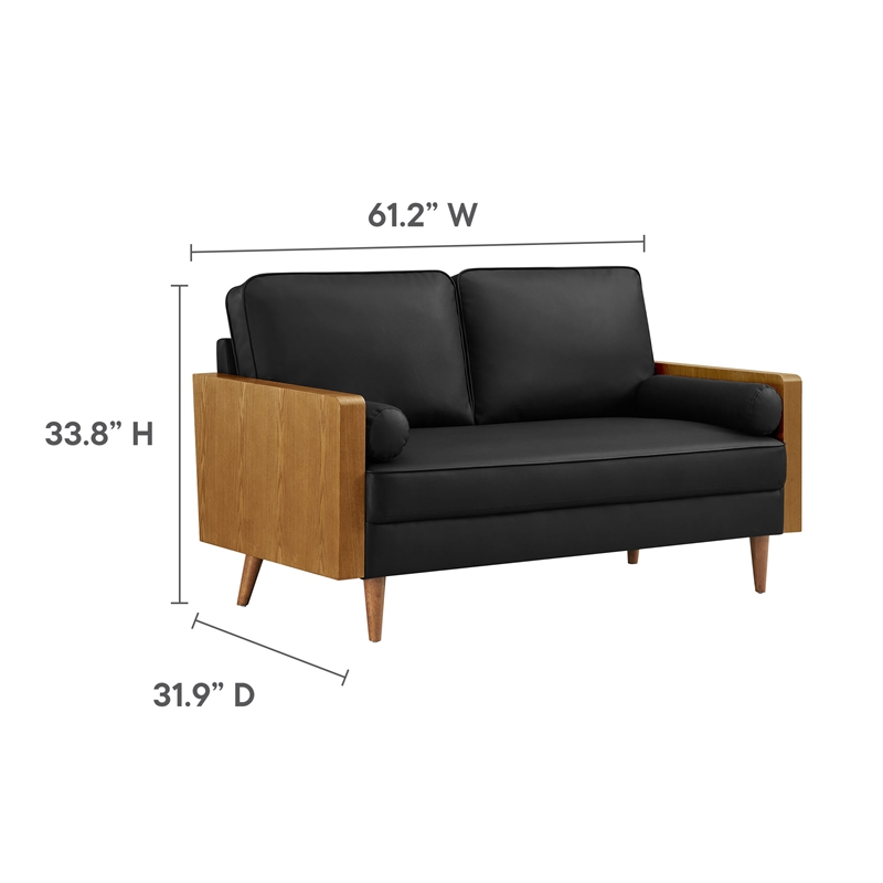 Maklaine Contemporary Vegan Leather Upholstered Loveseat in Walnut Black