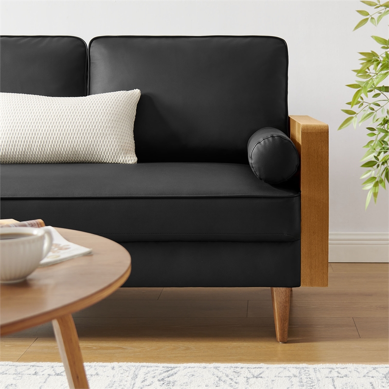 Maklaine Contemporary Vegan Leather Upholstered Loveseat in Walnut Black