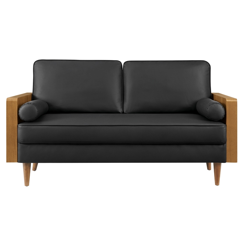 Maklaine Contemporary Vegan Leather Upholstered Loveseat in Walnut Black
