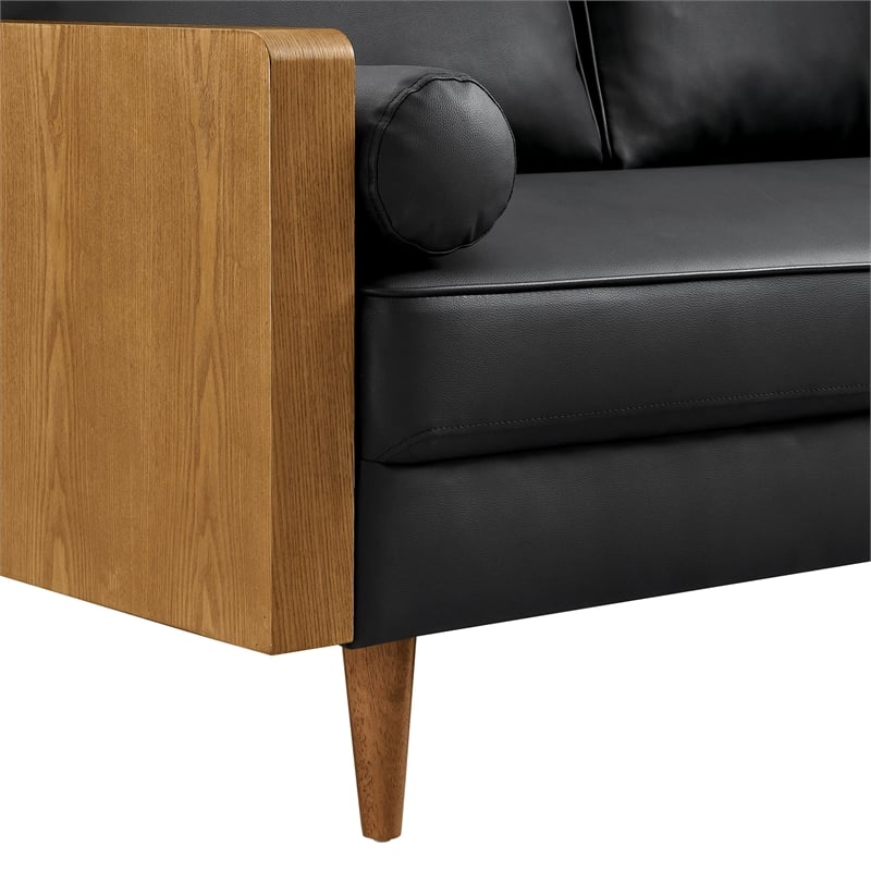 Maklaine Contemporary Vegan Leather Upholstered Loveseat in Walnut Black