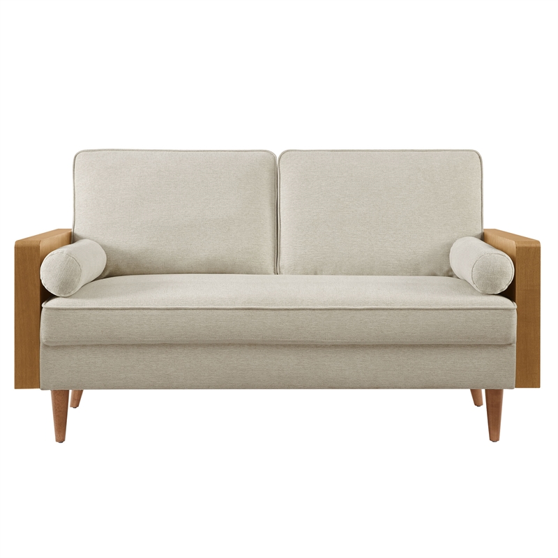 Maklaine Contemporary Loveseat in Walnut Heathered Weave Light Beige