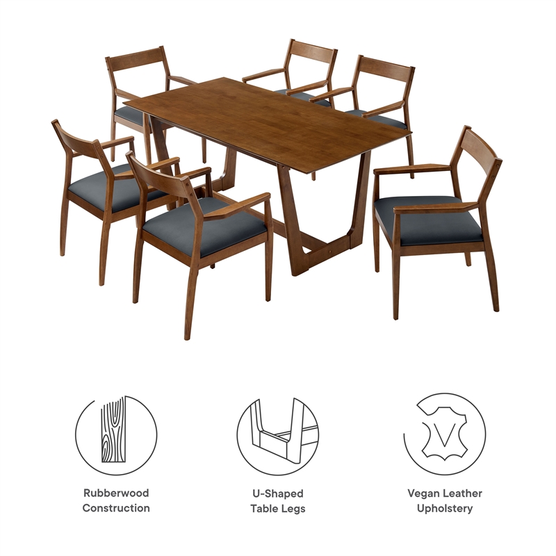 Maklaine 7-Piece Dining Set with Vegan Leather Armchairs in Walnut Black