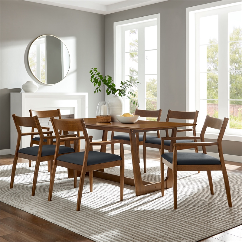 Maklaine 7-Piece Dining Set with Vegan Leather Armchairs in Walnut Black