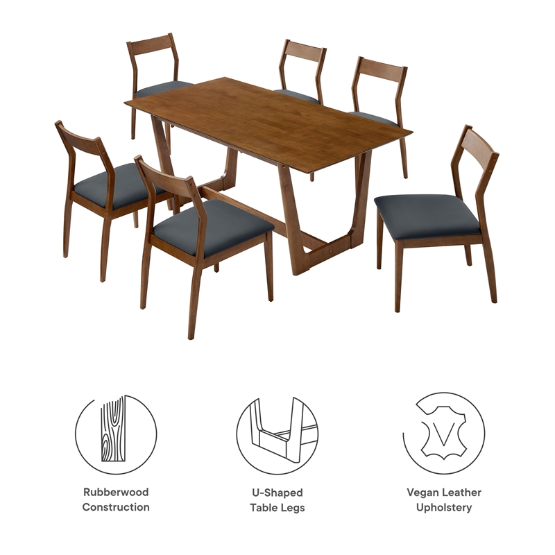 Maklaine 7-Piece Dining Set with Vegan Leather Side Chairs in Walnut Black