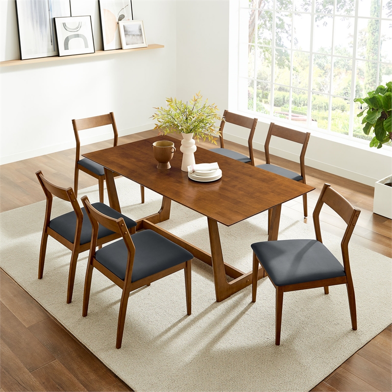 Maklaine 7-Piece Dining Set with Vegan Leather Side Chairs in Walnut Black