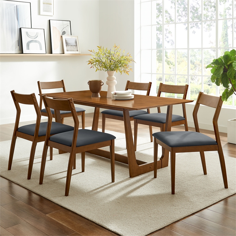 Maklaine 7-Piece Dining Set with Vegan Leather Side Chairs in Walnut Black