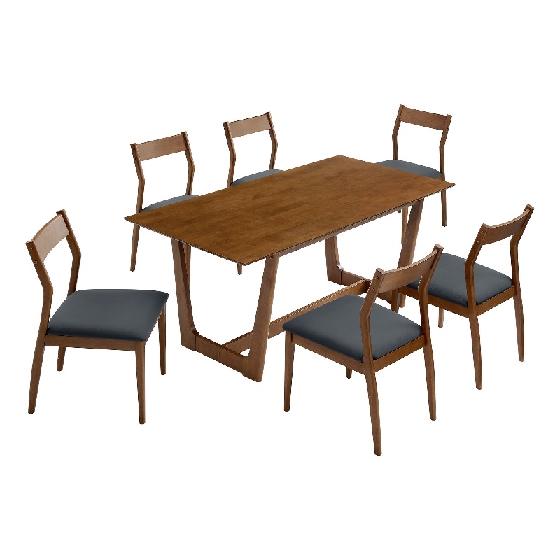 Maklaine 7-Piece Dining Set with Vegan Leather Side Chairs in Walnut Black