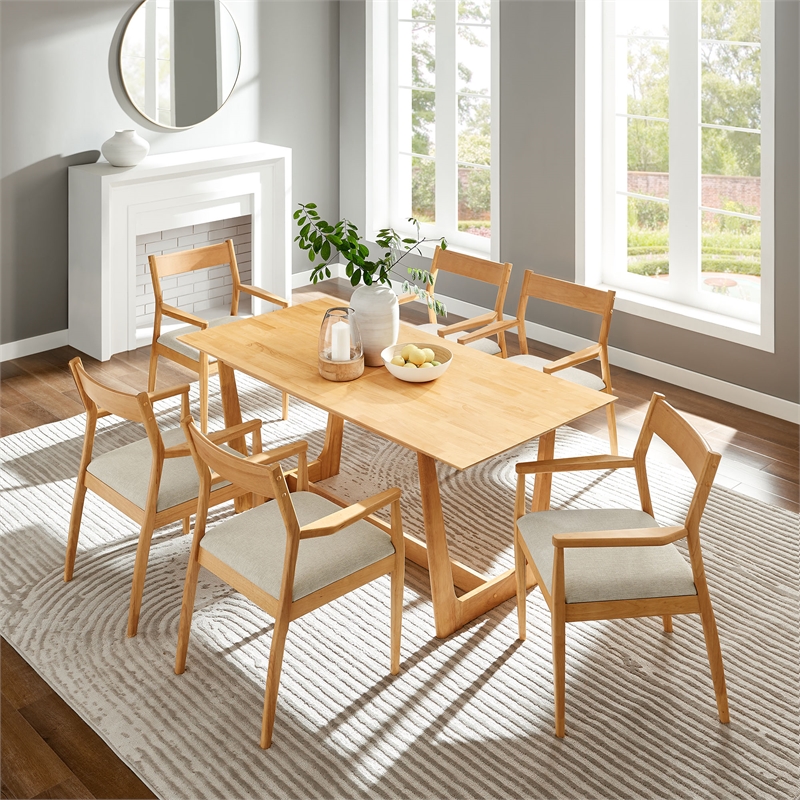 Maklaine 7-Pc Dining Set with Fabric Armchairs in Natural Heathered Weave Beige