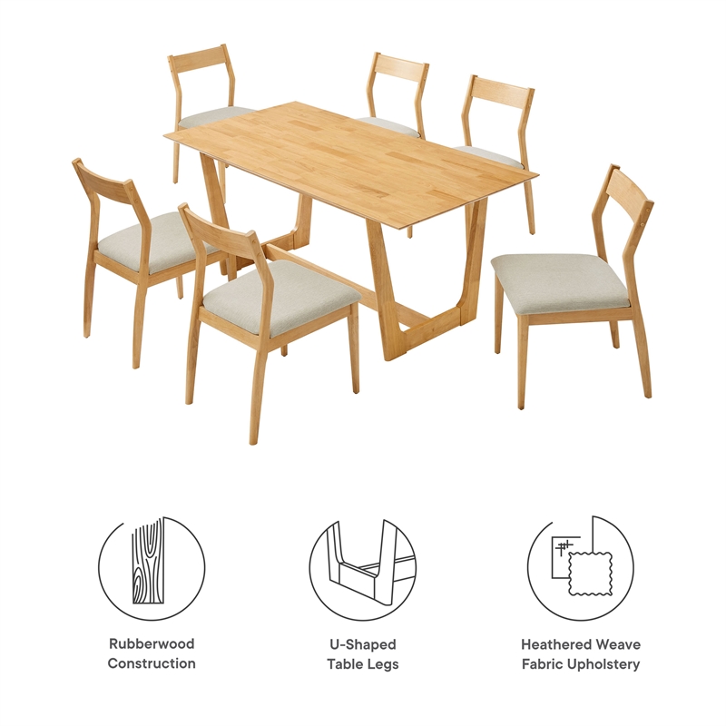 Maklaine 7-Piece Dining Set with Fabric Chairs in Natural Heathered Weave Beige