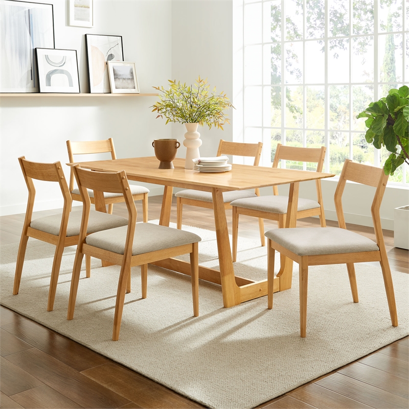 Maklaine 7-Piece Dining Set with Fabric Chairs in Natural Heathered Weave Beige