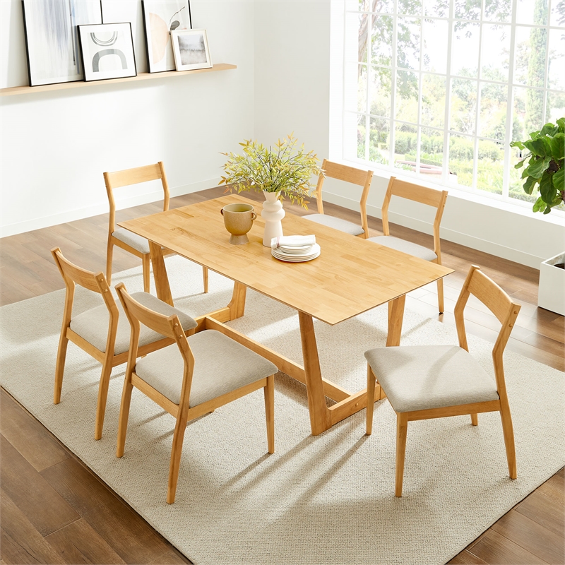 Maklaine 7-Piece Dining Set with Fabric Chairs in Natural Heathered Weave Beige