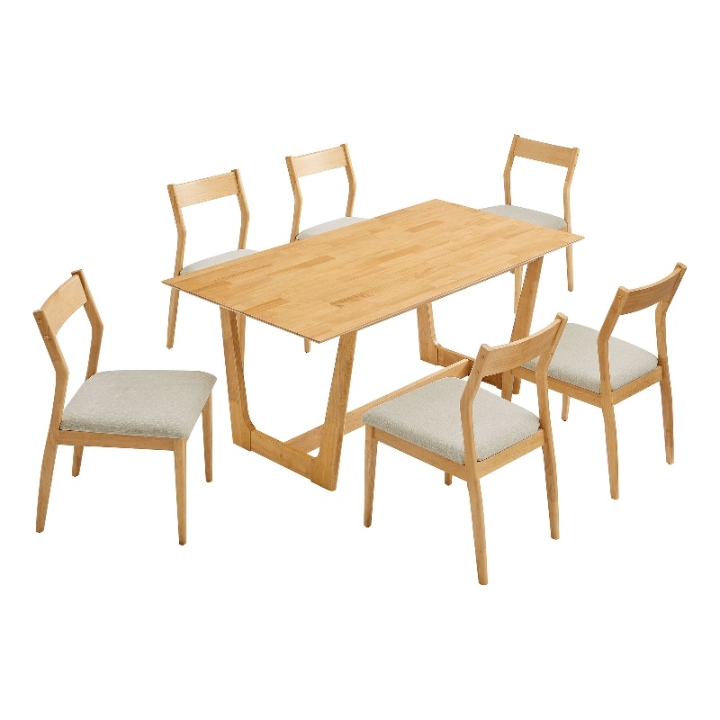 Maklaine 7-Piece Dining Set with Fabric Chairs in Natural Heathered Weave Beige