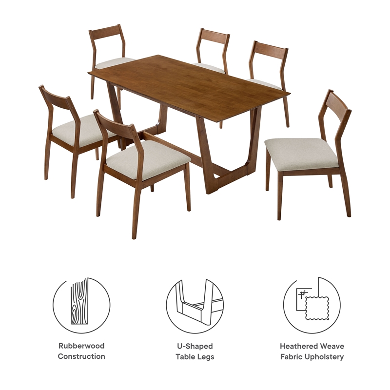 Maklaine 7-Piece Dining Set with Fabric Chairs in Walnut Heathered Weave Beige