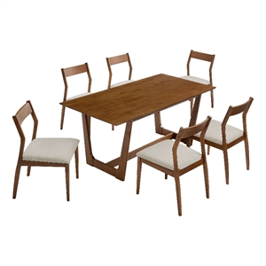 Maklaine 7-Piece Dining Set with Fabric Chairs in Walnut Heathered Weave Beige