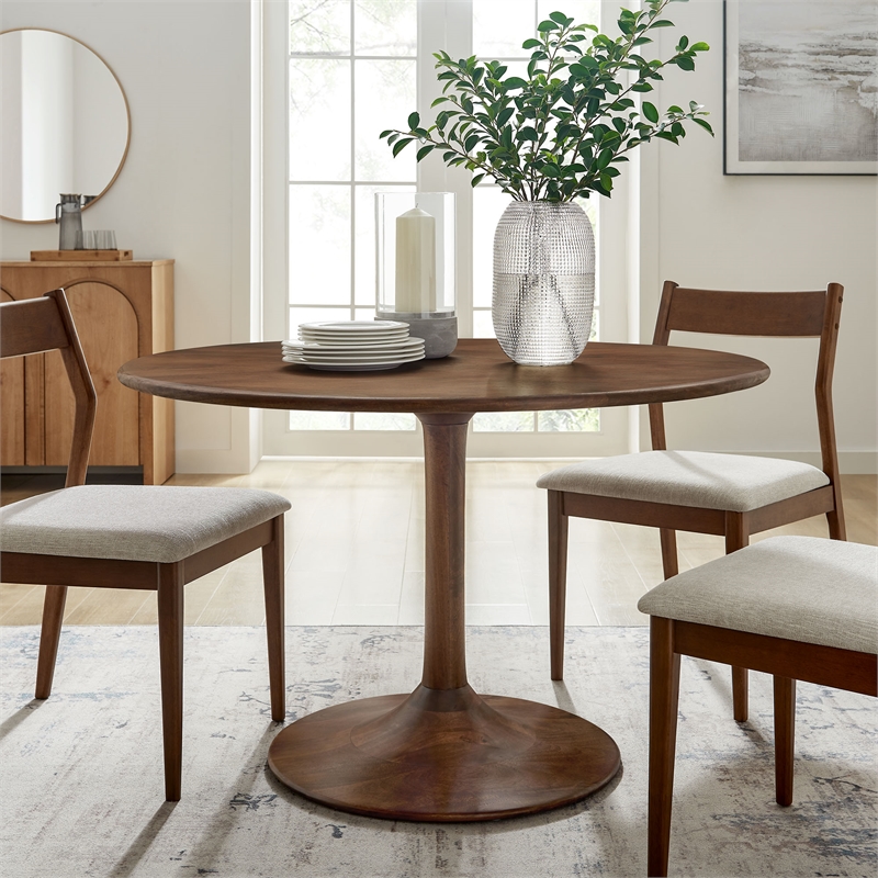Maklaine Contemporary Solid Mango Wood Dining Table in Walnut