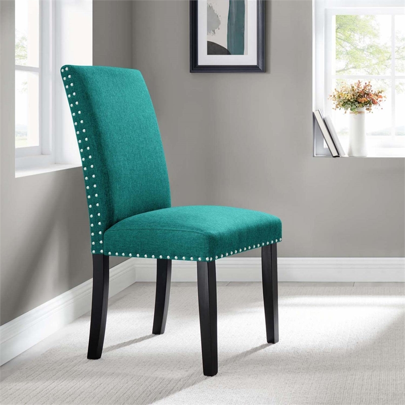 Maklaine Wood and Upholstered Fabric Dining Side Chair in Teal