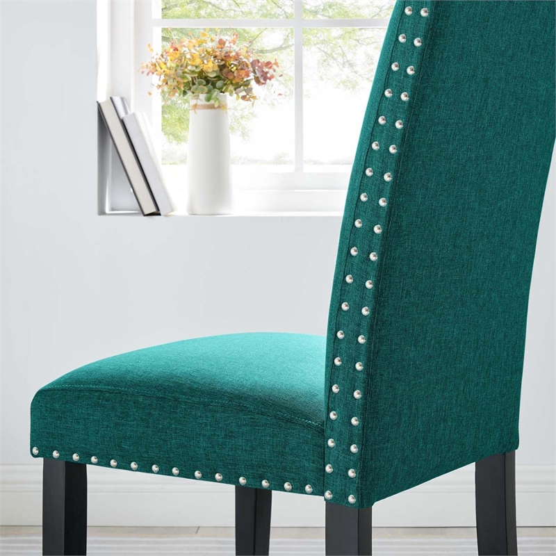 Maklaine Wood and Upholstered Fabric Dining Side Chair in Teal