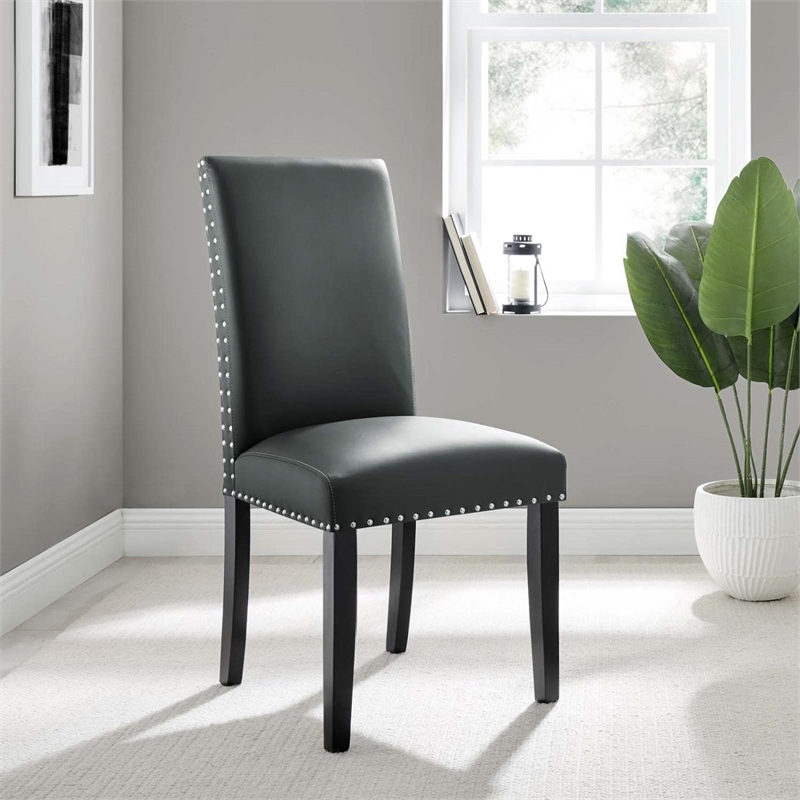 Maklaine Contemporary Wood and Faux Leather Dining Side Chair in Gray