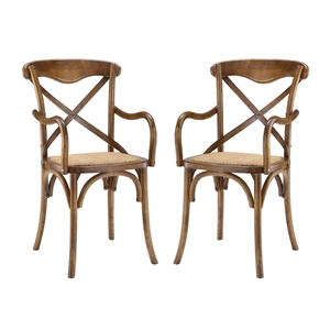 Maklaine 18.5&quot Modern Rattan and Wood Dining Armchair in Walnut (Set of 2)