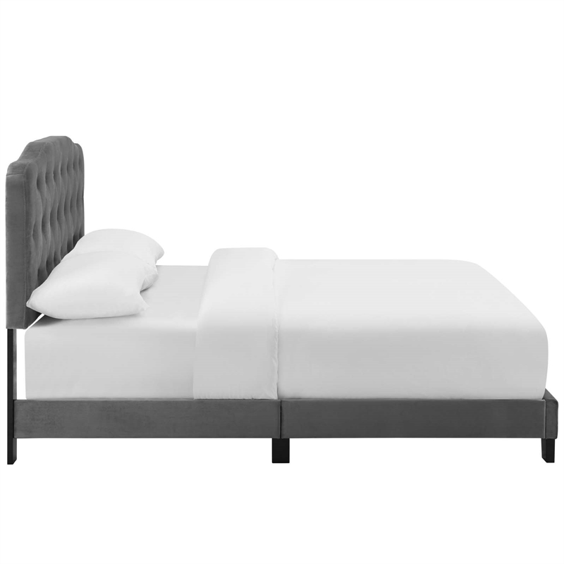 Maklaine Contemporary Full Performance Velvet Bed in Gray Finish