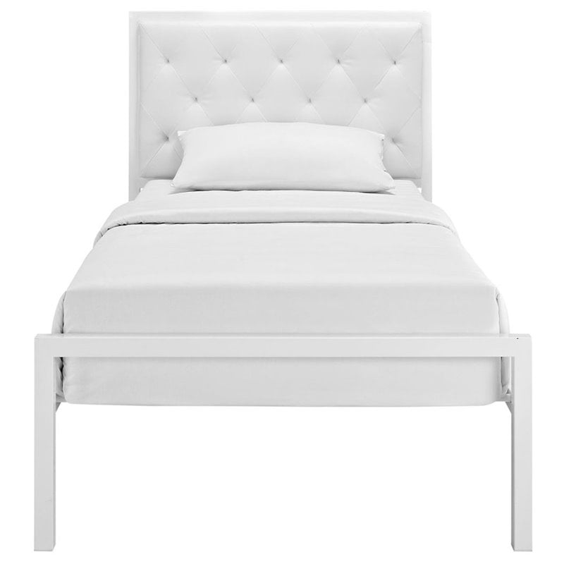 Maklaine Twin Powder-coated Steel and Vinyl Bed in White Finish