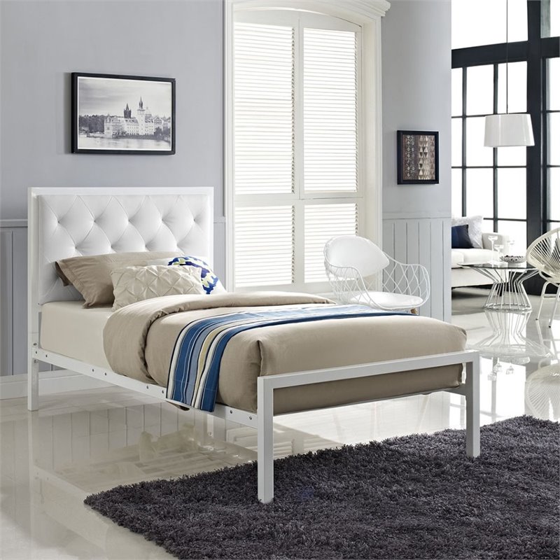 Maklaine Twin Powder-coated Steel and Vinyl Bed in White Finish
