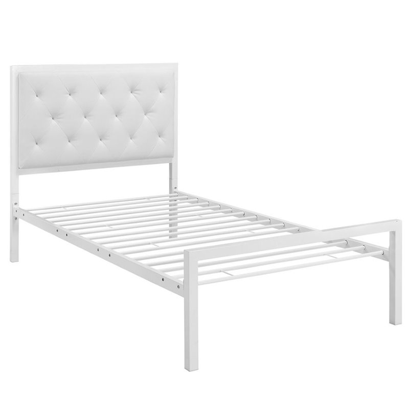 Maklaine Twin Powder-coated Steel and Vinyl Bed in White Finish