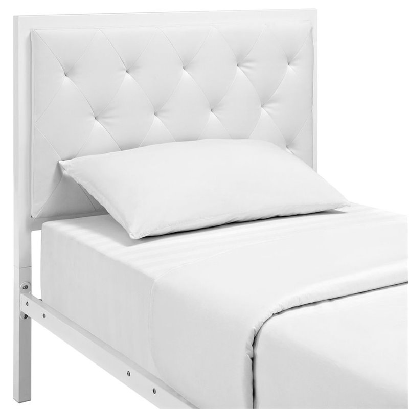Maklaine Twin Powder-coated Steel and Vinyl Bed in White Finish