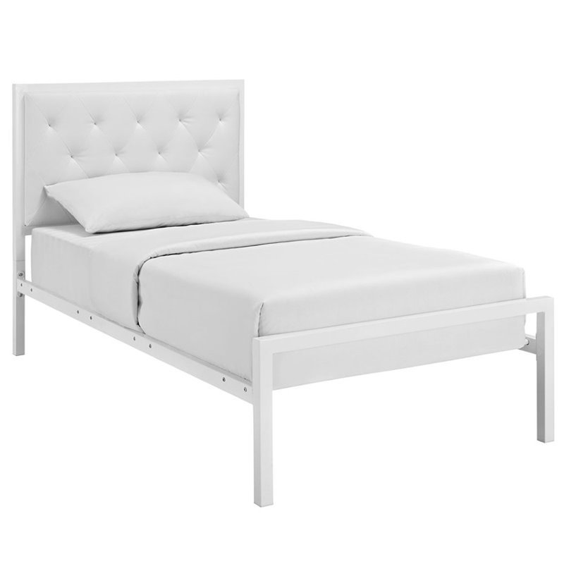 Maklaine Twin Powder-coated Steel and Vinyl Bed in White Finish