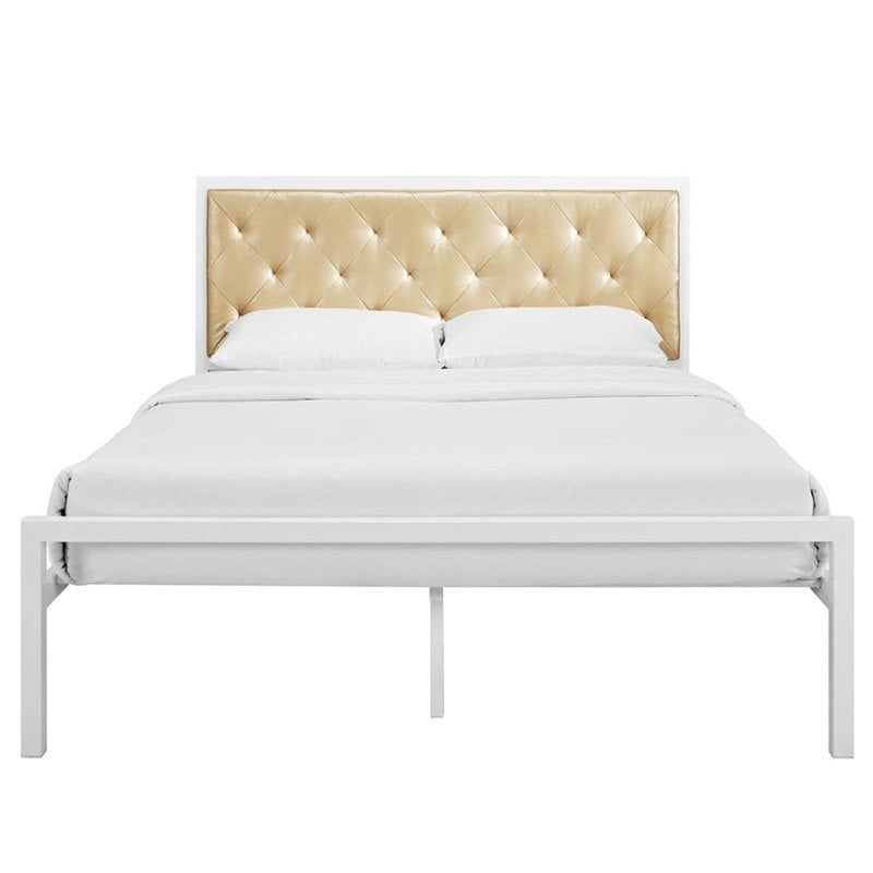 Maklaine Modern / Contemporary Vinyl Queen Bed in White Champagne