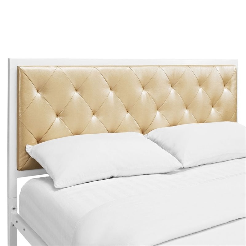 Maklaine Modern / Contemporary Vinyl Queen Bed in White Champagne