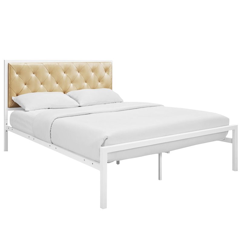 Maklaine Modern / Contemporary Vinyl Queen Bed in White Champagne
